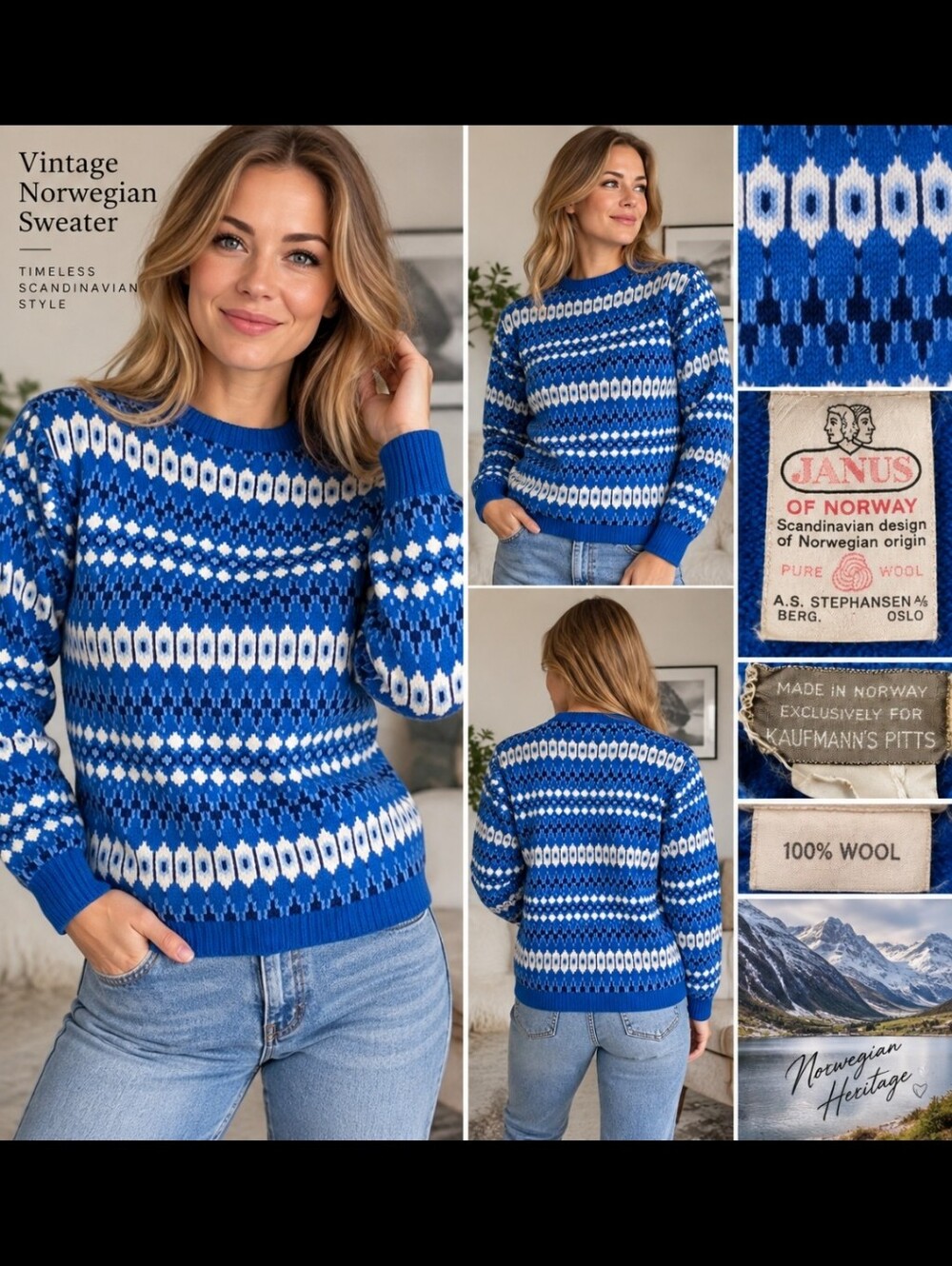Vintage Janus of Norway Wool Sweater Blue White Fair Isle Scandinavian Knit 1950